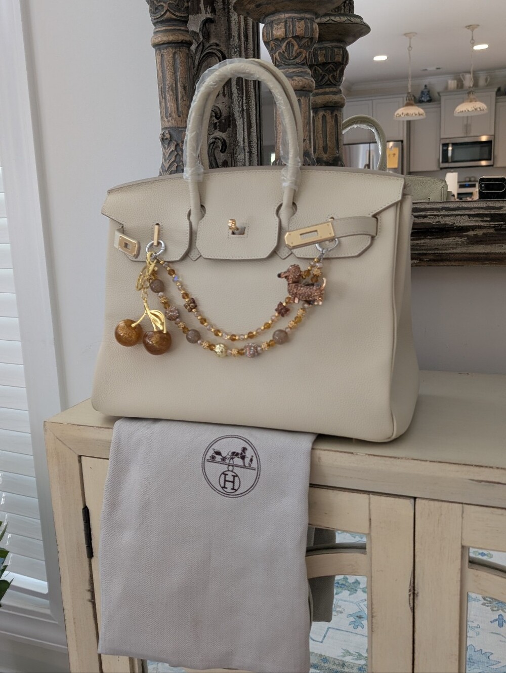 Cream Structured Satchel with Gold Accents - Picture 1 of 5